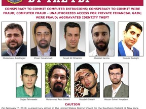 This image released by the FBI is the wanted posted for 9 Iranians that took part in a government-sponsored hacking scheme that pilfered sensitive information from hundreds of universities, private companies and government agencies. (FBI via AP)