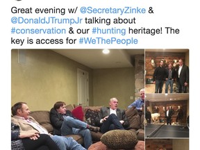 This screenshot of Twitter post from the page of Keith Mark shows photos of Interior Secretary Ryan Zinke meeting with Donald Trump Jr. and Keith Mark. A new U.S. advisory board created to help rewrite federal rules for importing the heads and hides of African elephants, lions and rhinos is stacked with trophy hunters, including some members with direct ties to President Donald Trump and his family. Donald Trump Jr. is friendly with another member of the advisory council _ hunting guide and TV show personality Keith Mark. He helped organize Sportsmen for Trump during the 2016 presidential campaign and recently posted photos on his Twitter page of himself with Trump Jr. and Zinke, standing before an array of mounted big-horn sheep and a bear. "I see the world from a hunting lifestyle," Mark told the AP, adding that he has no preconceived agenda for his service on the conservation council. "It's the most pure form of hands on conservation that there is. I will approach all decision-making with my background." (Twitter via AP)