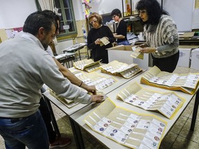 Scrutineers count votes in a polling station in Rome, Sunday, March 4, 2018, at the end of the general election day in Italy. The campaign was marked by the prime-time airing of neofascist rhetoric and anti-migrant violence that culminated in a shooting spree last month against six Africans. While the center-right coalition that capitalized on the anti-migrant sentiment led the polls, analysts predict the likeliest outcome is a hung parliament.