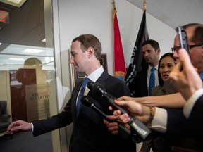 Facebook CEO Mark Zuckerberg arrives on Capitol Hill in Washington, Monday, April 9, 2018, to meet with Sen. Bill Nelson, D-Fla., the ranking member of the Senate Commerce Committee.