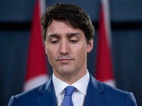 Prime Minister Justin Trudeau speaks during a press conference to discuss his meeting with Alberta Premier Rachel Notley and B.C. Premier John Horgan on the deadlock over Kinder Morgan's Trans Mountain pipeline expansion.