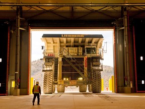 A large haul truck pulls into a maintenance bay at Barrick’s new Cortez Hills mine in Nevada.