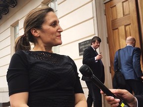 Minister of Foreign Affairs, Chrystia Freeland, speaks with media in Washington, D.C. on Tuesday, April 24, 2018.