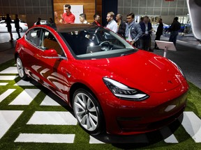 A Tesla Model 3 at the Los Angeles Auto Show in 2017.