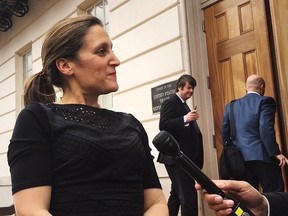 Minister of Foreign Affairs, Chrystia Freeland, speaks with media in Washington, D.C. on Tuesday, April 24, 2018. New Buy North American rules for steel in auto parts would be central to a new NAFTA deal. Foreign Affairs Minister Chrystia Freeland is in Washington for the second time in days and says good progress is being made, but she won‚Äôt comment on the timing of a deal.