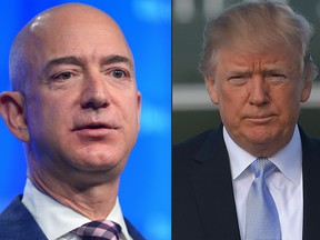 Amazon.com CEO Jeff Bezos, left, and U.S. president Donald Trump.
