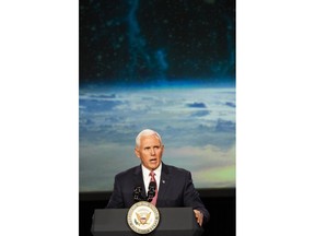 Vice President Michael Pence gives opening remarks in the International Center at the 34th Space Symposium at the Broadmoor Hotel in Colorado Springs, Colo., on Monday, April 16, 2018.