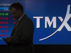 The TMX broadcast centre is shown in Toronto on May 9, 2014. TMX Group today announced it has completed the sale of its entire 24.2% shareholding in FTSE TMX Global Debt Capital Markets Limited to FTSE International Limited.