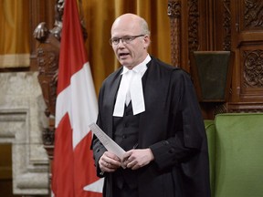Speaker of the House Geoff Regan rises in the House of Commons in Ottawa, Wednesday, March 22, 2017. The opposition Conservatives today will ask for an emergency debate on the Trans Mountain pipeline situation.This is the second time in two months the Conservatives are trying to get Regan to agree the pipeline expansion situation merits an emergency debate to discuss the economic hit Canada will take and the plunging confidence investors have in this country as it struggles to get this major infrastructure project off the ground.