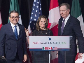 Foreign Affairs Minister Chrystia Freeland with United States Trade Representative Robert Lighthizer, right, and Mexico's Secretary of Economy Ildefonso Guajardo Villarrea. There's an 80 per cent chance of a new NAFTA agreement in principle within a month, says Ildefonso Guajardo.