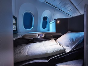 Air Canada's International Business Class cabin on the 787 Dreamliner is shown in a handout photo. Air Canada will be offering lie-flat seats on some North American routes as of June 1. THE CANADIAN PRESS/HO-Air Canada MANDATORY CREDIT