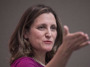 Chrystia Freeland, Minister of Foreign Affairs addresses the media during a news conference in Toronto on Thursday, March 8, 2018. NAFTA negotiating teams will keep bargaining through the weekend in an effort to get a deal by early May.