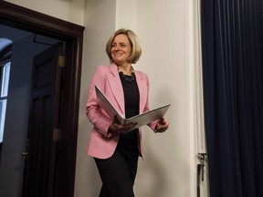 Alberta Premier Rachel Notley speaks to media before the Speech from the Throne, in Edmonton on Thursday, March 8, 2018. Alberta Premier Rachel Notley says she will soon be heading to Toronto and New York to rally support among business leaders for the Trans Mountain pipeline expansion.