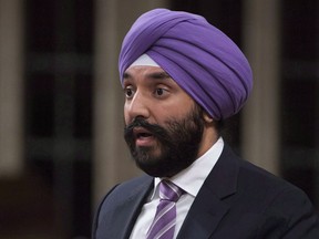Innovation, Science and Economic Development Minister Navdeep Bains rises in the House of Commons in Ottawa on Friday, October 20, 2017. The federal government unveiled new measures on intellectual property Thursday as it seeks to improve Canada's performance in a critical area of the increasingly important ideas-based economy.THE CANADIAN PRESS/Adrian Wyld