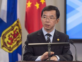 Lu Shaye, Ambassador of the People's Republic of China to Canada, addresses the media during a visit to Halifax on November 7, 2017. China's ambassador says his country firmly rejects Canada's attempts to entrench labour standards in a free trade pact. Envoy Lu Shaye says Canada's so-called progressive trade agenda has no place in a free trade agreement.