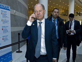 German Finance Minister Olaf Scholz arrives at the G20 meeting during the World Bank/IMF Spring Meetings, in Washington, Friday, April 20, 2018.