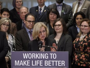 Alberta Premier Rachel Notley, speaks about bringing forward new legislation giving Alberta the power to control oil and gas resources, in Edmonton Alta, on Monday April 16, 2018.THE CANADIAN PRESS/Jason Franson