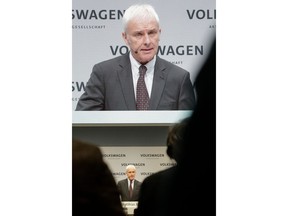 FILE - In this March 13, 2018 file photo VW group CEO Matthias Mueller speaks during the annual media conference of the Volkswagen group, in Berlin. The supervisory board of the German car maker is convening Thursday, April 12, 2018 to discuss a new leadership structure.