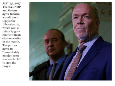 B.C. Green party leader Andrew Weaver and B.C. NDP leader, and now Premier, John Horgan speak to media after announcing they'll be working together to help form a minority government during a press conference at Legislature in Victoria, on May 29, 2017.