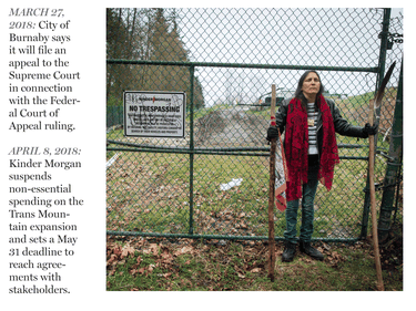 Kat Roivas, who is opposed to the expansion of the Kinder Morgan Trans Mountain pipeline, stands at an access gate at the company's property near an area where work is taking place, in Burnaby April 9, 2018.