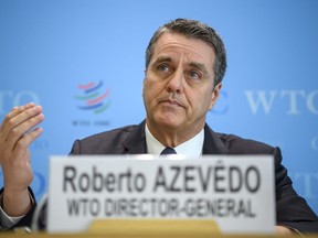CORRECTS TO REPORT 2017 - Brazilian Roberto Azevedo, Director General of the World Trade Organization, WTO, speaks during a press briefing about the WTO's World Trade Report 2017 at the headquarters of the World Trade Organization, WTO, in Geneva, Switzerland, Thursday, April 12, 2018.