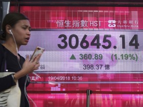 A woman walks past an electronic board showing Hong Kong share index outside a local bank in Hong Kong, Thursday, April 19, 2018. Asian shares rose on Thursday as improving optimism about the global economy helped investors shake off worries about geopolitical risks for the moment.