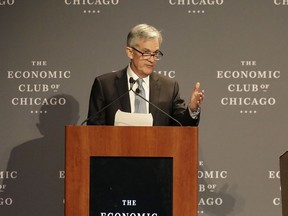 Federal Reserve Chairman Jerome Powell speaks before the Economic Club of Chicago Friday, April 6, 2018, in Chicago.
