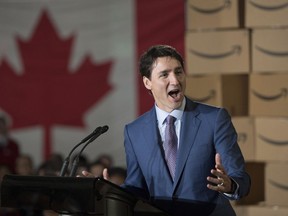 Prime Minister Justin Trudeau makes an announcement at the future offices of Amazon in downtown Vancouver, B.C., Monday, April 30, 2018.