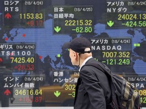 A man looks at an electronic stock board of a securities firm in Tokyo, Wednesday, April 25, 2018. Asian shares dipped Wednesday, mirroring a sell-off on Wall Street on worries over slowing growth and falling profits.