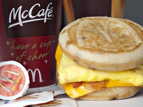 A McDonald's Corp. McGriddle breakfast sandwiche is displayed with McCafe coffee.