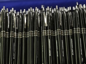 In this Monday, April 16, 2018, photo, SKILCRAFT pens, manufactured for the U.S. Government, are seen in a bin at the Industries of the Blind in Greensboro, N.C. Government pens have been manufactured for 50 years by National Industries for the Blind.