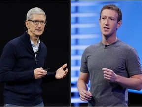 In this combo of file photos, Apple CEO Tim Cook speaks on the new Apple campus on Sept. 12, 2017, in Cupertino, Calif., left, and Facebook CEO Mark Zuckerberg speaks at the F8 Facebook Developer Conference on April 12, 2016, in San Francisco, right. On Wednesday, March 28, 2018, Cook said his company wouldn't be in the situation that Facebook finds itself in because it doesn't sell ads based on customer data like Facebook does. Zuckerberg responded in a podcast on Monday, April 2, saying that the idea that Facebook doesn't care about its customers is "extremely glib."