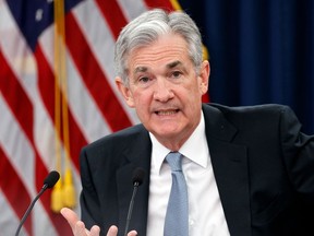 FILE- In this March 21, 2018, file photo, Federal Reserve Chairman Jerome Powell speaks following the Federal Open Market Committee meeting in Washington. The Federal Reserve releases minutes from the March meeting of its policymakers on Wednesday, April 11.