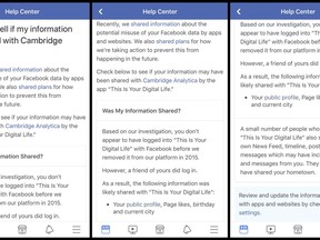 This combination of images made from an iPhone shows a notification on the Facebook app alerting the user that some of their data was likely shared with "This Is Your on Digital Life," Wednesday, April 11, 2018, in New York. Facebook said it would begin notifying users Monday if their data has been swept up in the Cambridge Analytica scandal.