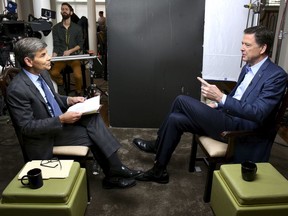 In this image released by ABC News, correspondent George Stephanopoulos, left, appears with former FBI director James Comey for a taped interview that will air during a primetime "20/20" special on Sunday, April 15, 2018 on the ABC Television Network. Comey's book, "A Higher Loyalty: Truth, Lies, and Leadership," will be released on Tuesday.