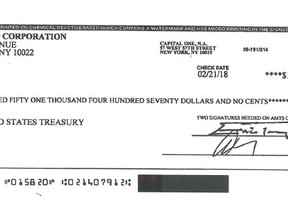 This image obtained from the U.S. Department of the Treasury through a Freedom of Information Act, (FOIA) request by the Associated Press shows a check from The Trump Corporation dated Feb. 21, 2018, to the U.S. Treasury for $151,470. President Donald Trump has sought to assuage concerns about foreign government spending at his properties by offering to donate profits from such business to the U.S. Treasury. But critics say the gesture has lacked transparency. The payment of $151,470 last month was intended to cover such profits from 2017, but the company refused to provide details on how the figure was calculated and which foreign governments were involved. (U.S. Department of the Treasury via AP)