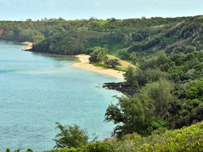 FILE - This Jan. 15, 2017, file photo, shows public Pilaa Beach, center, below hillside and ridge top land owned by Facebook CEO Mark Zuckerberg, near Kilauea on the north shore of Kauai in Hawaii. A Hawaii Senate committee is scheduled to hear a bill that would force landowners into mediation before they are allowed to file lawsuits to acquire small parcels initially awarded to Hawaiian commoners during mid-19th century land reforms. The bill was introduced after Facebook CEO Mark Zuckerberg, in late 2016 filed, lawsuits to identify owners of 14 parcels interspersed within a 700-acre oceanfront estate he owns on Kauai.