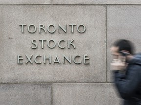 TORONTO, ONTARIO: FEBRUARY 21, 2018óFINANCE--A man walks past the Toronto Stock Exchange moniker on Bay Street in Toronto, Wednesday February 21, 2018. [Photo Peter J Thompson] [For Financial Post by TBA/Financial Post]   TAGS:  Banking Stocks Bonds Returns AGM Business Money Blue Chip Speculation Value                                                                                                                                                                                                                                                                                                                                                                                                                                                                                                                                                                                               TORONTO, ONTARIO: FEBRUARY 21, 2018óFINANCE-- A man walks past the Toronto Stock Exchange signage on Bay Street in Toronto, Wednesday February 21, 2018. [Photo Peter J Thompson] [For Financial Post by TBA/Financial Post]   TAGS: Money Cash Stocks Bonds                                                                                                                                                                                                                                                                                                                                                                                                                                                                                                                                                                                                //NATIONAL POST STAFF PHOTO