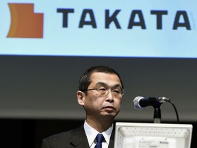 In this Nov. 4, 2015 file photo, Shigehisa Takada, president and CEO of Japanese parts supplier Takata Corp., attends a press conference in Tokyo. Takata Corp., the Japanese air bag maker embroiled in a massive recall, says the acquisition by U.S. mobility safety company Key Safety Systems has been completed, and the president resigned. Takata President Takada said Thursday, April 12, 2018, in a statement he has resigned as president and chairman, replaced by Yoichiro Nomura, chief financial officer, effective Wednesday. (Kyodo News via AP)
