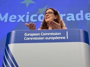 European Commissioner for Trade Cecilia Malmstrom speaks during a media conference at EU headquarters in Brussels on Monday, April 23, 2018. EU Trade Commissioner Cecilia Malmstrom says that German Chancellor Angela Merkel and French President Emmanuel Macron will take a tough message to U.S. President Donald Trump and insist that the 28-nation bloc must be fully exempted from steel and aluminum tariffs and is ready to hit back with retaliatory measures as of next month if necessary.