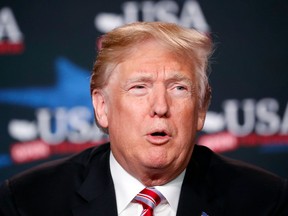 In this April 16, 2018, photo, President Donald Trump speaks at an event to promote his tax cut package in Hialeah, Fla. Trump will play host to Japan's Shinzo Abe at Mar-a-Lago on Tuesday amid growing strain between the two countries over the president's planned meeting with North Korean dictator Kim Jong Un and his push for new tariffs.