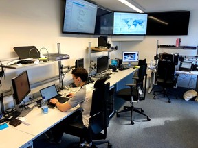 FILE - This March 29, 2018 file photo shows the Space Debris Room of the European Space Agency ESA in Darmstadt, Germany. China's defunct Tiangong 1 space station is expected to re-enter Earth's atmosphere within the next day. The European Space Agency forecast Sunday April 1, 2018 the station will re-enter sometime between Sunday night and early Monday morning GMT.