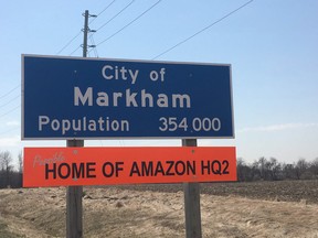 A City of Markham sign with a "Possible home of Amazon HQ2" sign attached.