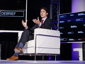 Prime Minister Justin Trudeau speaks during a Bloomberg Businessweek Debrief event in Toronto.