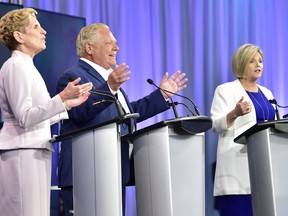 Kathleen Wynne, Doug Ford and Andrea Horwath at the Ontario leaders' debate on May 27.