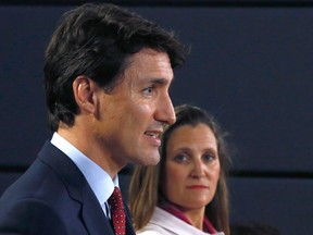 Prime Minister Justin Trudeau and Foreign Affairs Minister Chrystia Freeland speak at a press conference in Ottawa on  May 31, after imposing dollar-for-dollar tariff "countermeasures" on U.S. imports.