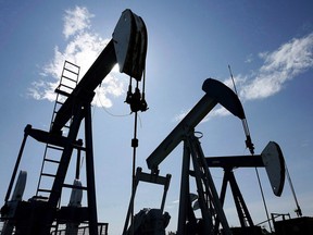 Pumpjacks at work pumping crude oil near Halkirk, Alta.