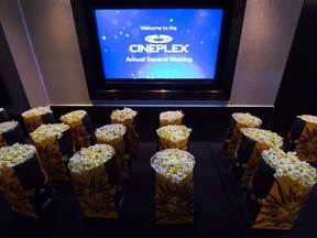 Bags of popcorn are shown during the Cineplex Entertainment company's annual general meeting in Toronto on May 17, 2017. Cineplex Inc. raised its dividend as it reported a first-quarter profit of $15.2 million. The movie theatre company says it will now pay a dividend of $1.74 per share on an annual basis, up from the current rate of $1.68 per share.