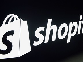 A Shopify logo is seen during an event in Toronto on Tuesday, May 8, 2018.