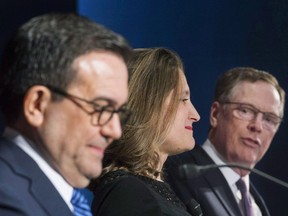Foreign Affairs Minister Chrystia Freeland and Mexico's Secretary of Economy Ildefonso Guajardo Villarrea look on as United States Trade Representative Robert Lighthizer delivers his statements to the media during the sixth round of negotiations for a new North American Free Trade Agreement in Montreal, Monday, January 29, 2018. The NAFTA countries were scheduled to sit down for an important meeting later Friday as they weigh the feasibility of achieving a deal over the coming days, or whether they will risk seeing whole the process delayed into 2019.